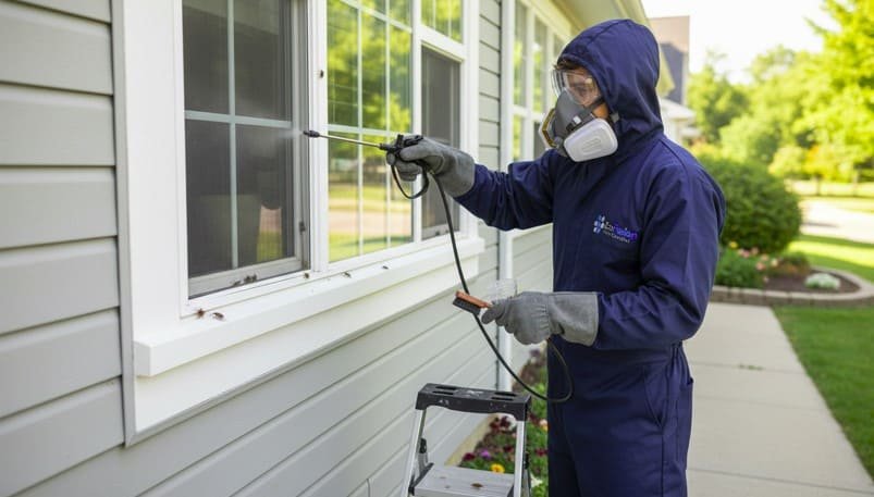 Professional pest control technician actively removes stink bugs from a residential property, inspecting entry points, applying targeted treatments, and sealing cracks while wearing full protective gear—including gloves, goggles, mask, and a BuckingHam uniform—to ensure safe and effective pest control.