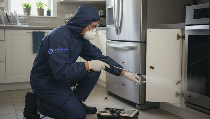 Professional pest control technician performs American cockroach control in a residential property, inspecting cracks, applying targeted treatments, placing baits, and removing cockroaches while wearing full protective gear—including gloves, goggles, mask, and a BuckingHam uniform—for safe and effective pest management.