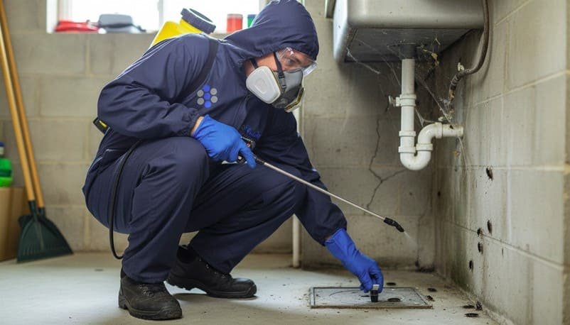 Professional pest control technician performs Oriental cockroach control at a residential or commercial property, inspecting damp areas, applying targeted treatments, placing baits, and removing cockroaches while wearing full protective gear—including gloves, goggles, mask, and a BuckingHam uniform—for safe and effective pest management.