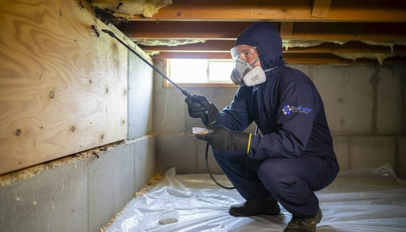 Professional pest control technician performs carpenter ant control in a residential property, inspecting wooden structures, applying targeted treatments, placing baits, and removing nests while wearing full protective gear—including gloves, goggles, mask, and a BuckingHam uniform—to ensure safe and effective ant elimination.