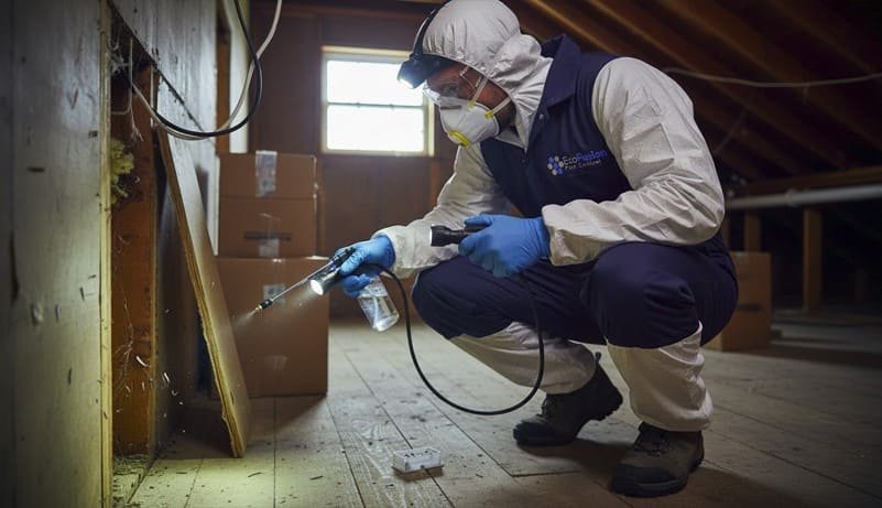 Professional pest control technician performs silverfish control in a residential property, inspecting attics, crawl spaces, and cabinets, applying targeted treatments and traps while wearing full protective gear—including gloves, goggles, mask, and a BuckingHam uniform—to ensure safe and effective pest elimination.