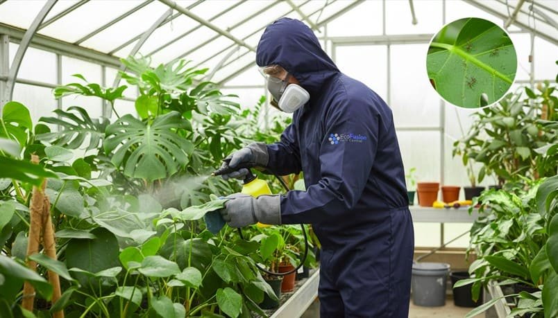 Professional pest control technician performs spider mite control on plants at a residential or commercial property, inspecting leaves, applying targeted treatments, and removing mites while wearing full protective gear—including gloves, goggles, mask, and a BuckingHam uniform—for safe and effective plant pest management.