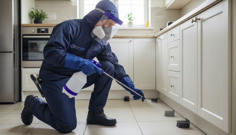 Professional pest control technician provides hands-on residential pest control, inspecting corners, applying treatments, placing traps, and removing insects while wearing full protective gear—including gloves, goggles, mask, and a BuckingHam uniform—for safe and effective home pest management.