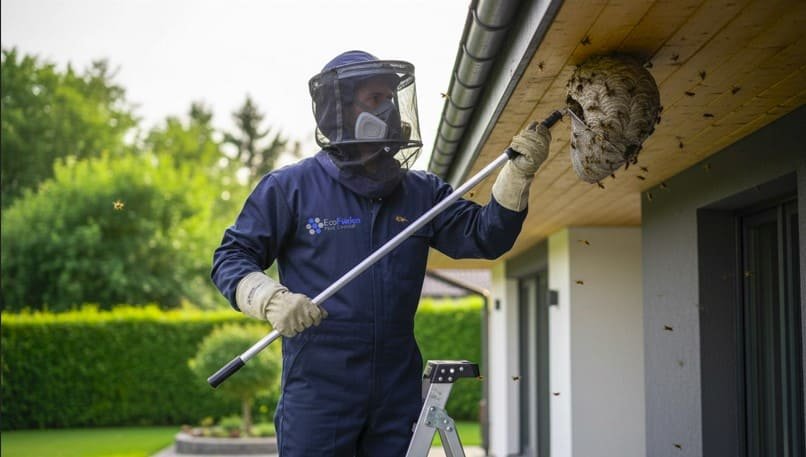Professional pest control technician safely removes a hornet nest at a residential property, carefully handling the nest with specialized tools while wearing full protective gear—including gloves, goggles, mask, and a BuckingHam uniform—to ensure precise and hazard-free hornet control.